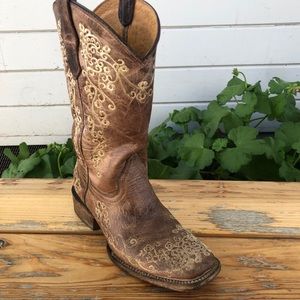 Corral Girls Carter Embroidery Western Boots 3T A2980 Brown Leather Square Toe